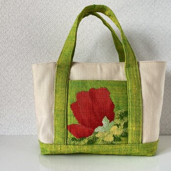 帯リメイクバッグ・赤い花とグリーンの和モダントート