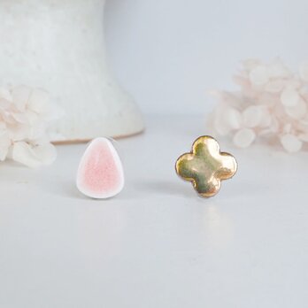 T270｜美濃焼ヴィンテージタイルのピアス／イヤリング《桜カラー｜金彩フラワー｜裏面レザー加工》