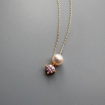 ２粒シリーズ自分へのご褒美ジュエリー〜4月の誕生石〜春色桜ピンクモアサナイトとあこやパールのスルーネックレス