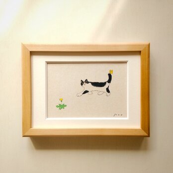 【一点物 原画】「ハチワレ猫の散歩道」 2L木製額縁入り・ペン画・水彩・猫・猫の絵