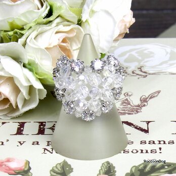 （新作）ジルコニアとガラスビーズの大きな♡リング〔プレシオサ/ジルコニア ビーズリング〕《ビーズアクセサリー》