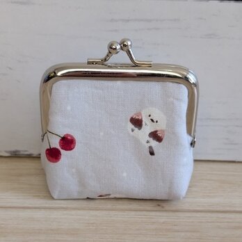 シマエナガとさくらんぼが可愛い優しいグレーの手のひらがま口