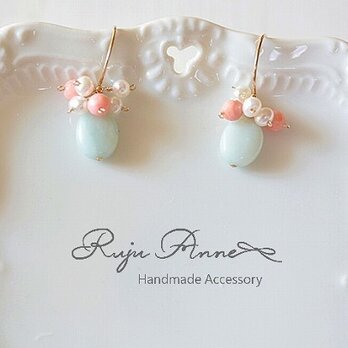 14kgf＊アマゾナイト(オーバルカット)×サンゴのミルキーカラーピアス