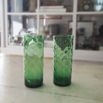 昭和レトロ　モスグリーン細長グラス2個　緑のグラデーション