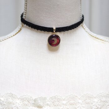 【受注製作】レジンアート　ラウンドモチーフとタティングレースとベルベットリボンのチョーカー〈月のある風景・6〉