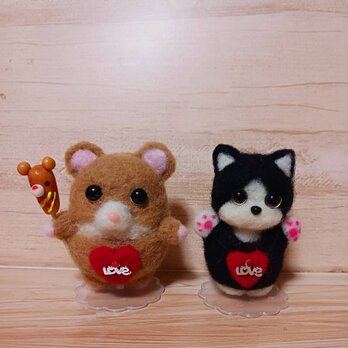 羊毛フェルト 　ハムスター＆ハチ猫ちゃんセット　トム＆ジェリーじゃないよ