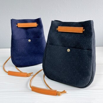 星降る岡山デニム　栃木レザー　2way　しずく型　巾着　ショルダーバッグ　　軽量　　インディゴ　ブラック
