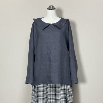カラーリネン◆ひらっとカラーブラウス　長袖◆ブルーグレー◆フリーサイズ（中厚、リネン100％）