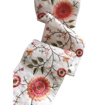 インド刺繍リボン50cm切り売り クライミング フラワー ピンク 13cm幅 花 HC R-0848