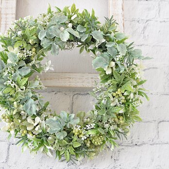 green grass　緑葉のリース：葉　実　グリーン　白