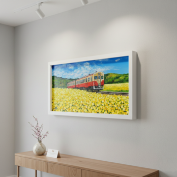 油彩画「石神の菜の花畑とキハ200形」－小湊鐵道の春の情景－