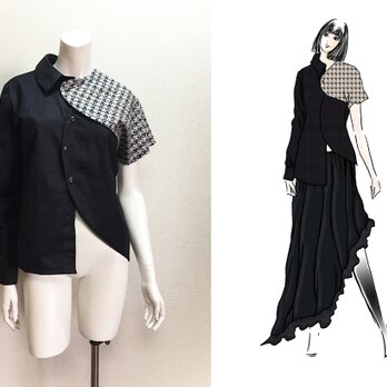 【1点もの・デザイン画付き】綿ジャガード＆ケミカルレース変則アシメトリーブラウス（KOJI TOYODA）