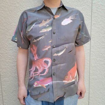 半袖和柄シャツ（若冲　魚群図）