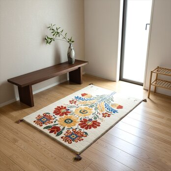 ペルシャ　ギャッベ　マット大　ラグ　118x82cm　アイボリー　色とりどりの花　RJ13294