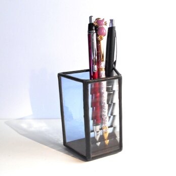 背面青のステンドグラス&他の面は透明の板硝子のペン立て