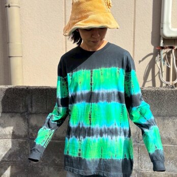 タイダイ 長袖 Tシャツ Lサイズ ブラック×グリーン ボーダー HIPPIES DYE HD25-49