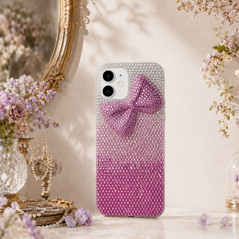 ピンクグラデ ラインストーンデコ電スマホケース｜韓国風 iPhone17/16 Galaxy Pixel対応 ギフト