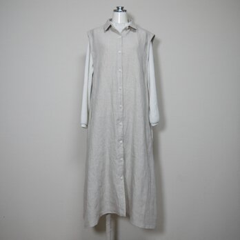 カラーリネン◆Aラインシャツワンピース◆生成り◆フリーサイズ（中厚、リネン100％）