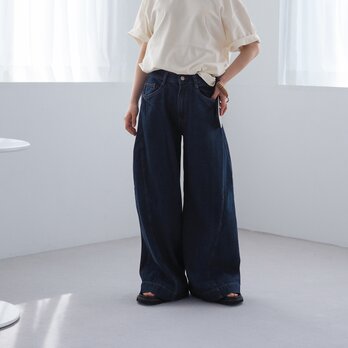 【選べる5サイズ】美シルエット ワイドデニムパンツ ネイビー