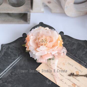 卒業式・入学式に♡ピーチピンクのダリアと桜のふんわりコサージュ　入学式　卒業式　セレモニー　フォーマル　結婚式　ピーチ　ピンク