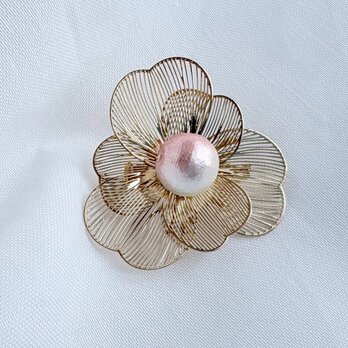 大人のくすみピンク コットンパール花ブローチ4cm 入学式 卒業式 フォーマル 母の日 大人上品