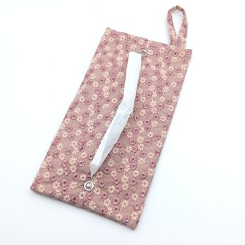 持ち手付き　花柄刺繍　携帯用ティッシュケース　箱ティッシュから詰替え　吊り下げ　くすみピンク　648