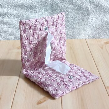 携帯用ティッシュケース　花柄刺繍　ボックスティッシュから詰替え　くすみピンク　647