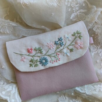 野の花*手刺繍*ミニポーチ*くすみピンク