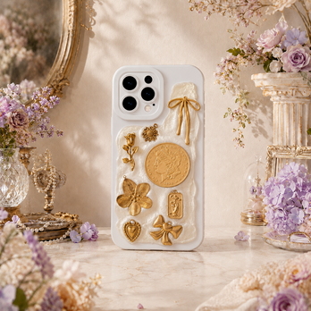 手作りスマホケース 全機種対応 アンティークゴールド 白レジン 大人可愛い 一点物