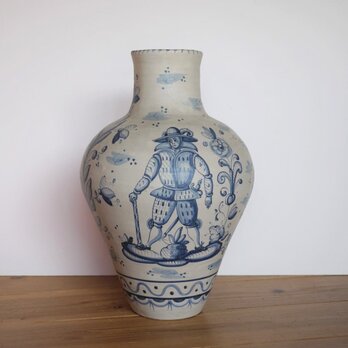 タラベラ焼　陶器花瓶　スペイン　デルフトブルー　マジョリカ　アラベスク花唐草