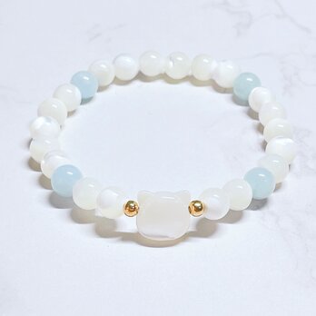 ✦白猫ブレスレット｜優しく穏やかな自分へ♪ホワイトシェル（白ネコ・白ねこ）マザーオブパール・アクアマリン ブレス No.853