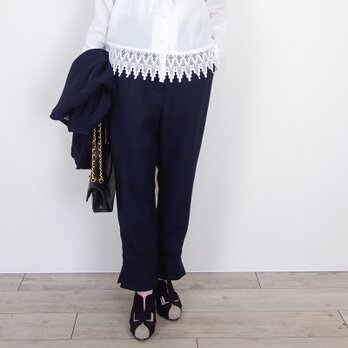 2WAY裾スリット・しなやかネイビーウールの細見え美脚パンツ（セットアップ可）｜卒園・卒業式・入学式・結婚式・カジュアル｜