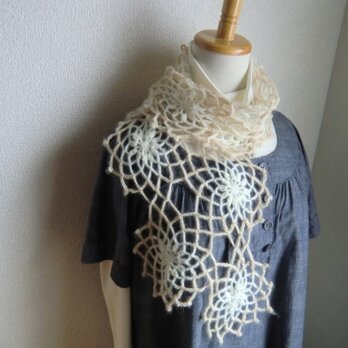 ベビーアルパカ＆ラムウール　モチーフストール（ライトベージュ×オフホワイト）　白