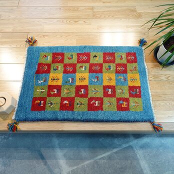 ペルシャ　ギャッベ 玄関マット　ラグ　78x58cm　青色　パネル柄　生命の木　ヤギ　羊　RJ13592