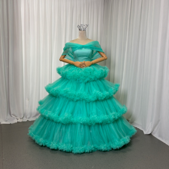 カラードレス ミントグリーン オフショルダー ラッフルフリル ロング フレアスカート 編み上げ 花嫁 前撮り