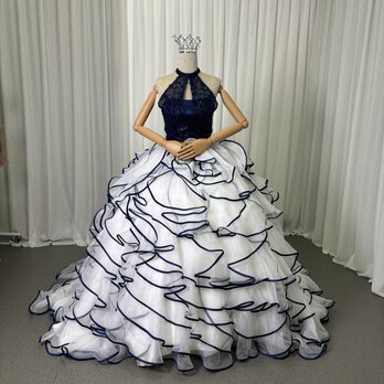 豪華！カラードレス ネイビー ホルターネック キラキラスパンコール ラッフルフリル プリンセスライン クラシカル 前撮り