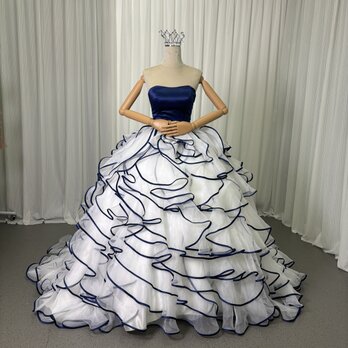 上品！カラードレス ネイビー ベアトップ ラッフルフリル プリンセスライン クラシカル 前撮り