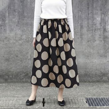 ★新作 コットンリネン・バブルドット ギャザースカート（ ブラック × ダークアイボリー ）リネン 麻 綿 ロング ポケット