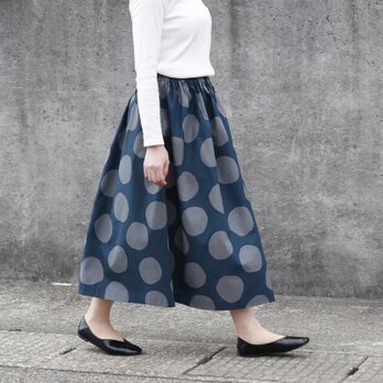 ★新作 コットンリネン・バブルドット ギャザースカート（ ネイビー × シルバーグレイ ）リネン 麻 綿 ロング ポケット