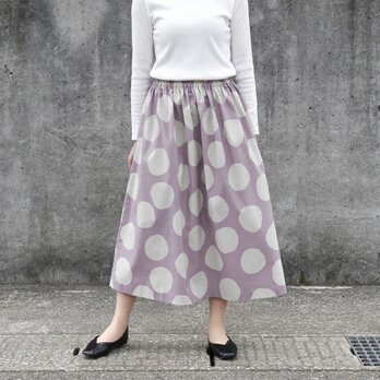 ★新作 コットンリネン・バブルドット ギャザースカート（ くすみラベンダー ）リネン 麻 綿 ロング ポケット