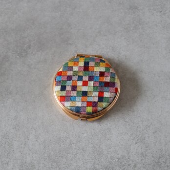 国産絹糸の絽ざしコンパクトミラー 市松文様 手刺繍 和柄 桐箱入り ギフト