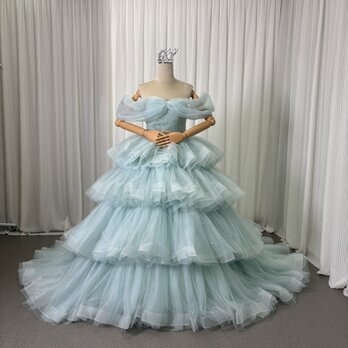 美品！カラードレス ライトブルー 取り外しオフショルダー キラキラ 柔らかく重ねたチュールスカート 披露宴