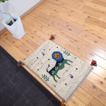 ペルシャ　ギャッベ　玄関マット小　ラグ　58x40cm　ライオン　生命の木　NN18522