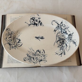 美品 フランスアンティークオーバルプレート トンボとブーケ柄