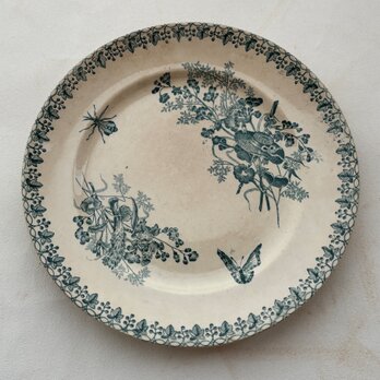 フランスアンティークプレート 柔らかく枯れたグリーンブーケのディナープレート