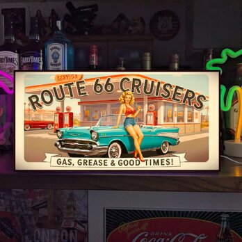 【オーダー無料】ルート66 アメ車 ピンナップガール ガソリン レトロ 店舗 自宅 照明 ランプ 看板 置物 雑貨 ライトBOX