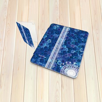 手帳型 iPadケース 【バックカバー：ハードタイプ】片面印刷/カメラ穴有/オートスリープ対応【ブルーローズⅥ】
