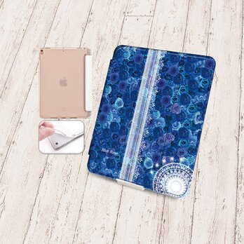 手帳型iPadケース【バックカバー：ソフトタイプ】片面印刷/カメラ穴有【ブルーローズⅥ】