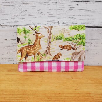 ポケット付きのポケットティッシュケース　サバンナ柄×ピンクギンガムチェック