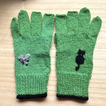 ねこ&ねずみシリーズ　5本指ニット手袋– – – グリーン